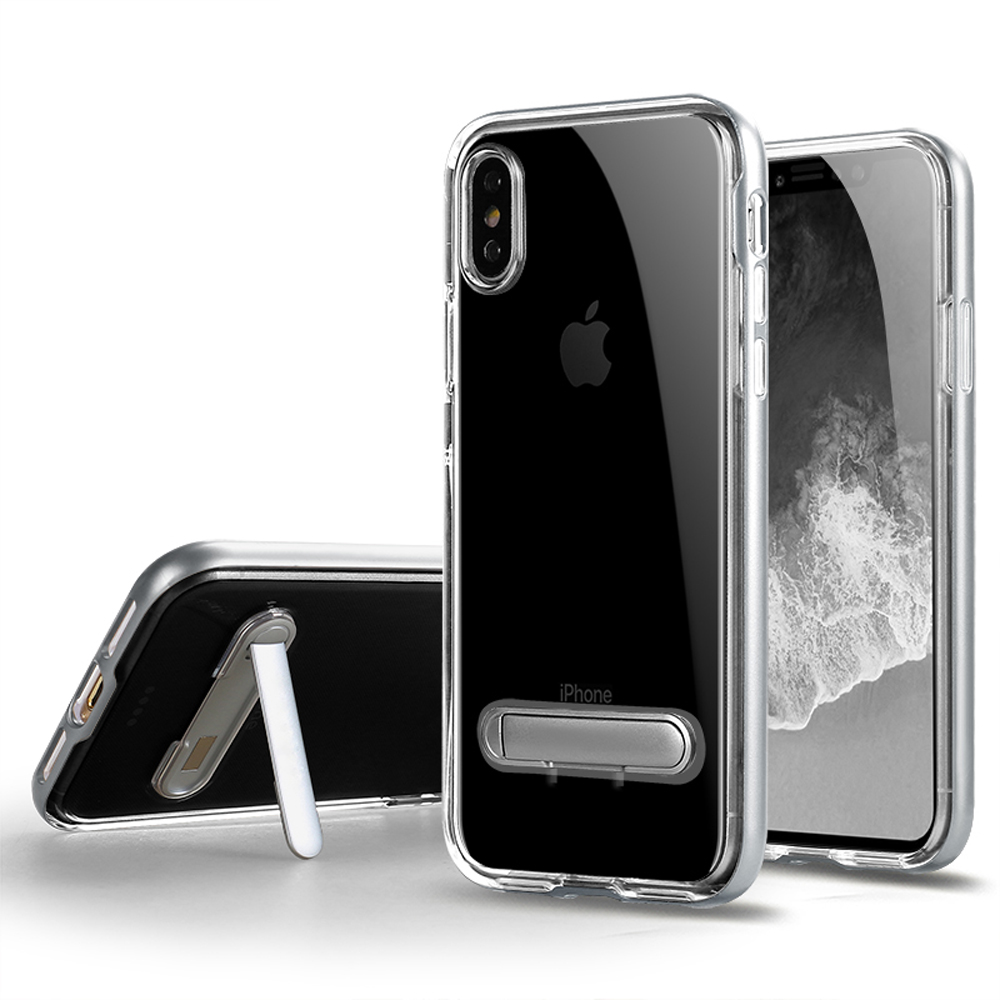 iPHONE Xs Max Clear Armor Bumper Kickstand Case (Silver)